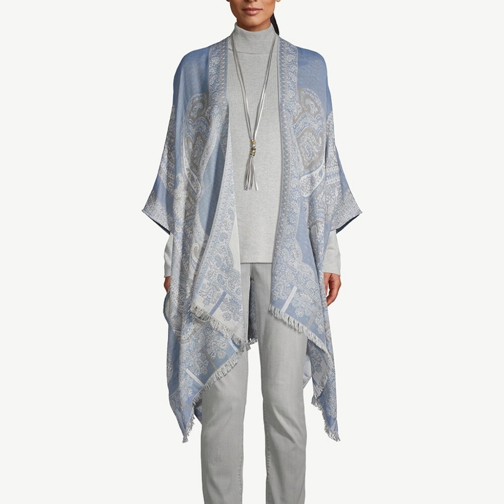 Chico's Blue Paisley Swirl Jacquard Ruana Wrap new